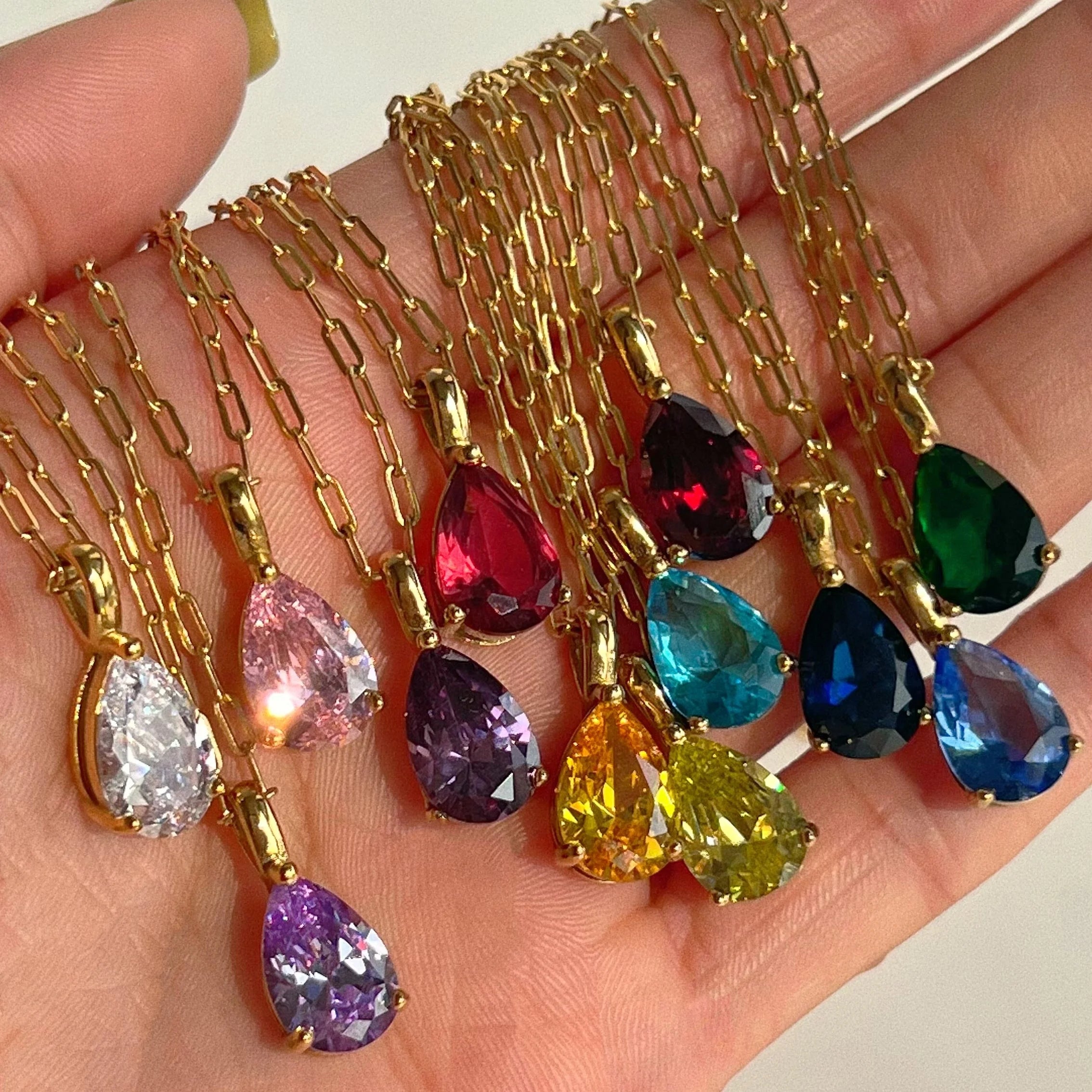 2022 Dazan New Ins Pvd 18k Gold Plated Stainless Steel Big Birth Month Zodiac Real Colorful Zircon Pendant Necklace for Women