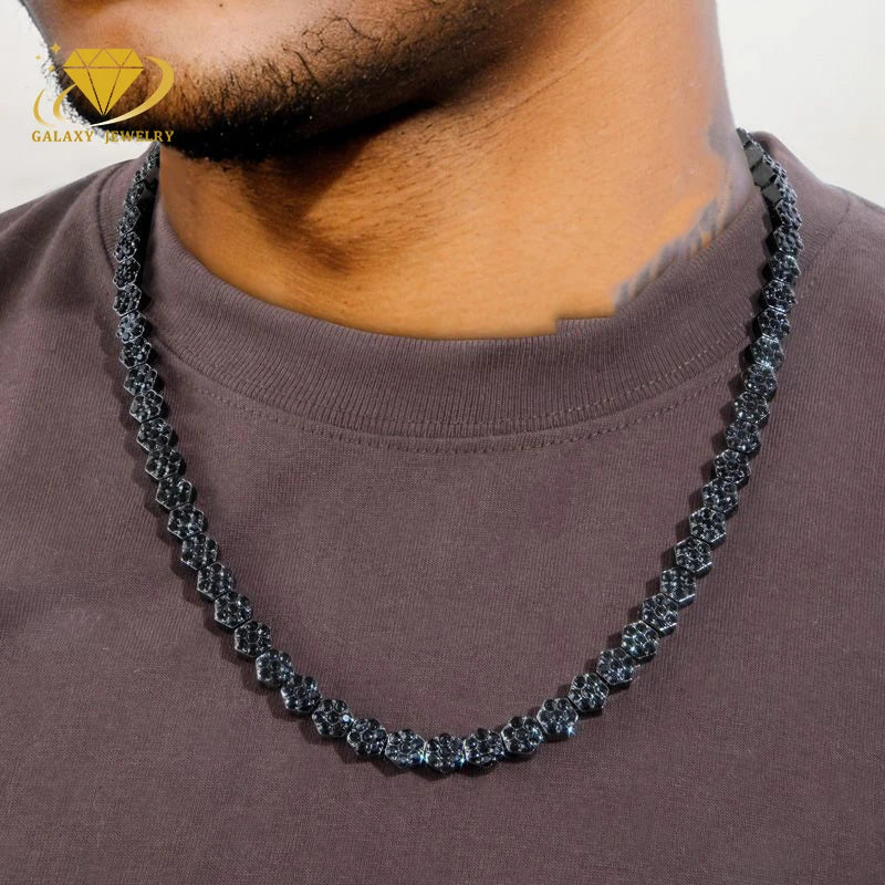 Factory Price 8mm Black Tennis Bracelet&Necklace Vvs Moissanite Hip Hop Jewelry Silver Hexagon Cluster Tennis Chain