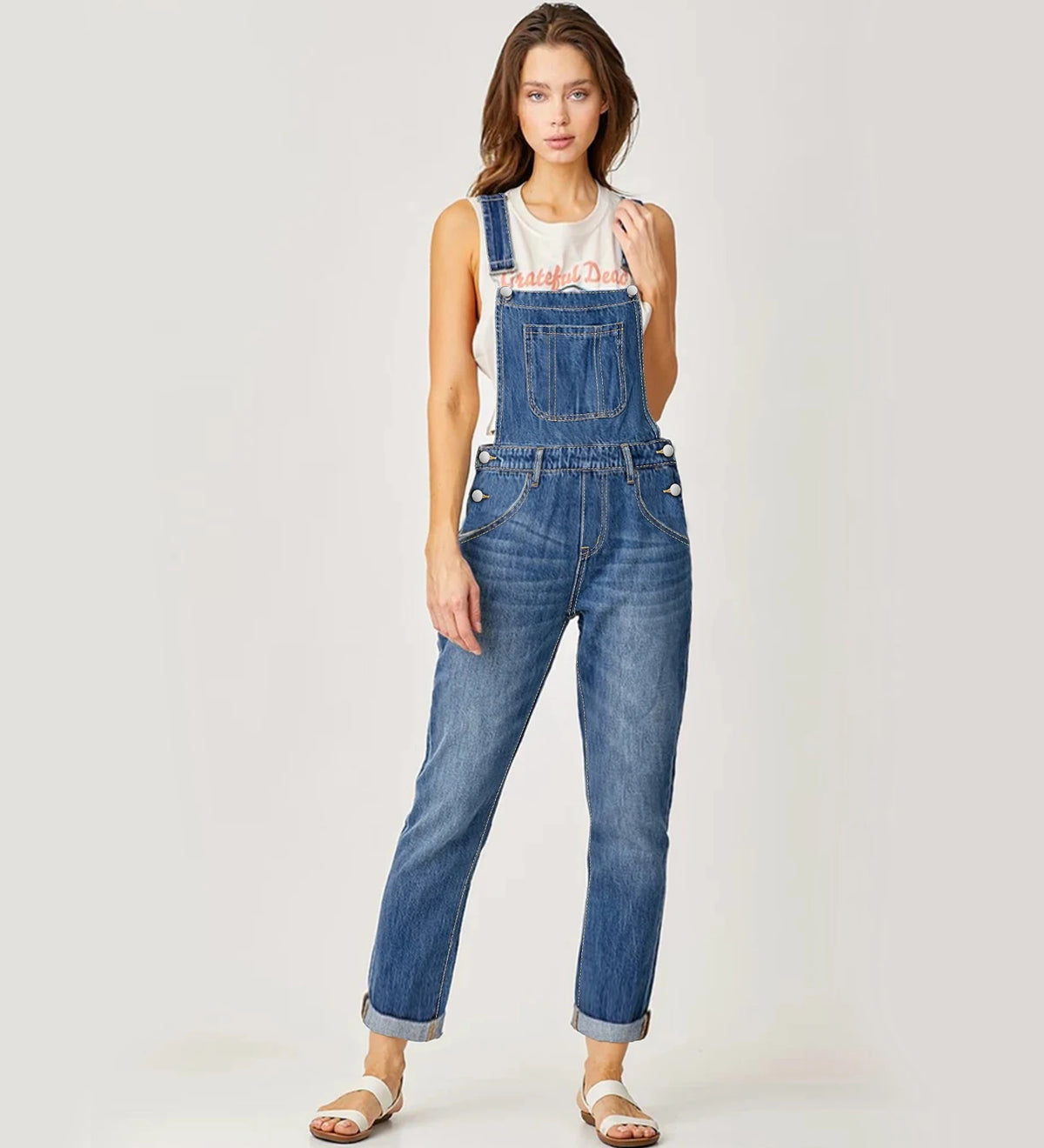 Women's Light Wash Denim Overalls High Relaxed Straight-Leg Jumpsuit Adjustable Strap Button Detail Cuffed Cropped Fit Summer MegaBDM