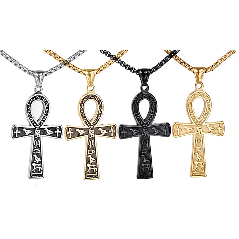 Men's Stainless Steel Egyptian Ankh Cross Pendant Necklace with Gold Snake Chain Religious Jewelry for Party Occasions Gift Idea