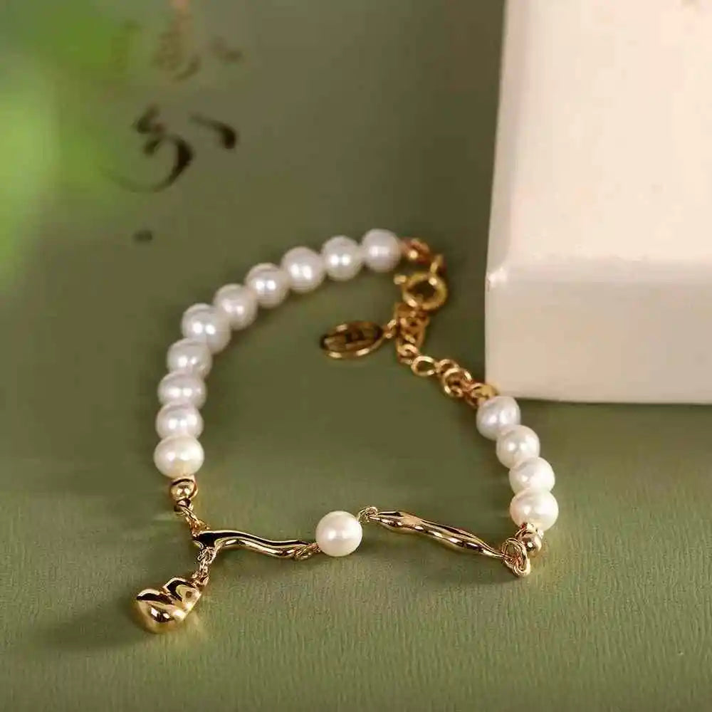 Happiness Lucky 4-5mm Near Round Potato Natural Freshwater Pearl Bracelet Adjustable for Girls