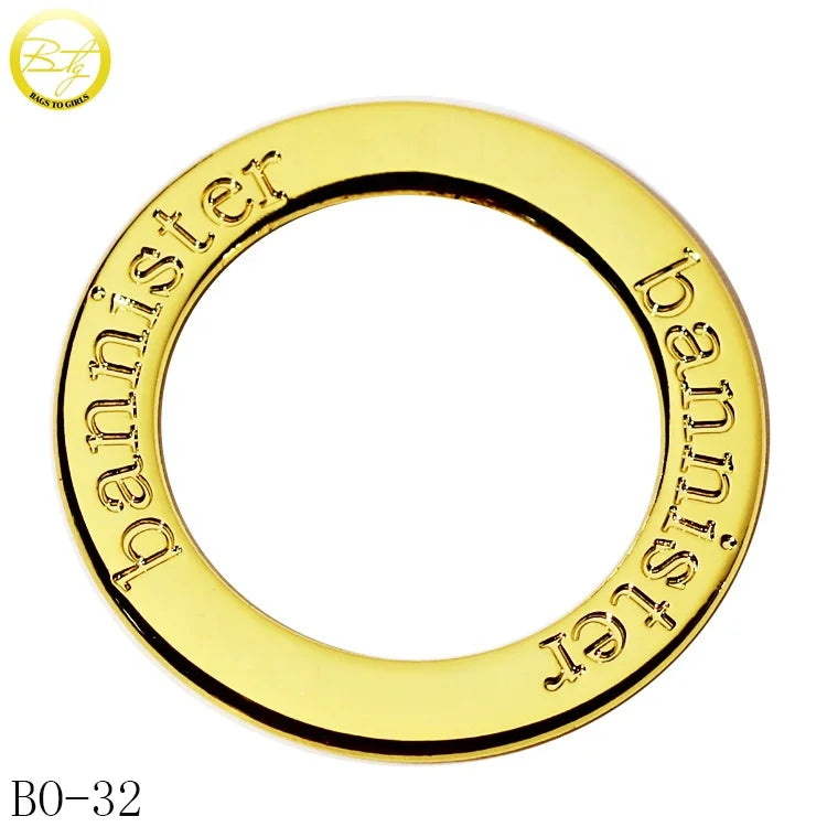 Gold Plated Bag Accessory O Ring Hardware Customized Engraved Name Brand Flat Metal O Buckle for Clothes