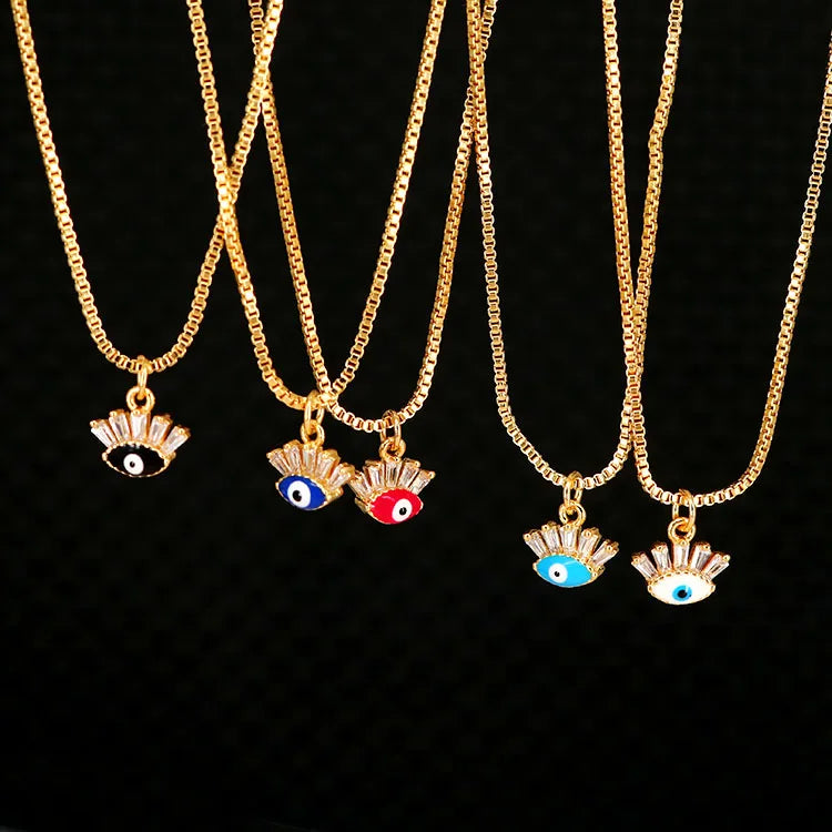 NZ1155 Chic Dainty Tiny Enamel Gold Plated Zircon Diamond CZ Micro Paved Evil Eyes Charm Chain Protection Necklace