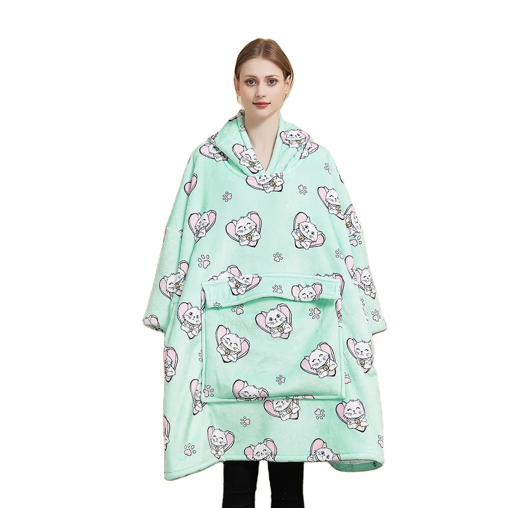 Custom CVS Winter Warm 100% Polyester Flannel and Sherpa Hooded Blanket Oversized Wearable Pocket and Sleeves Hoodie Blanket