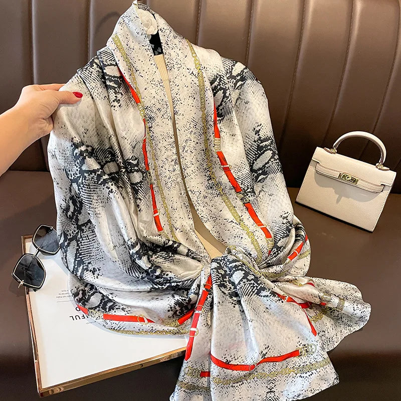 Wholesale Luxury Fashion Animal Printed Polyester Scarves for Women Summer Evening Dress Shawls Gray Snake Pattern  Head Scarfs