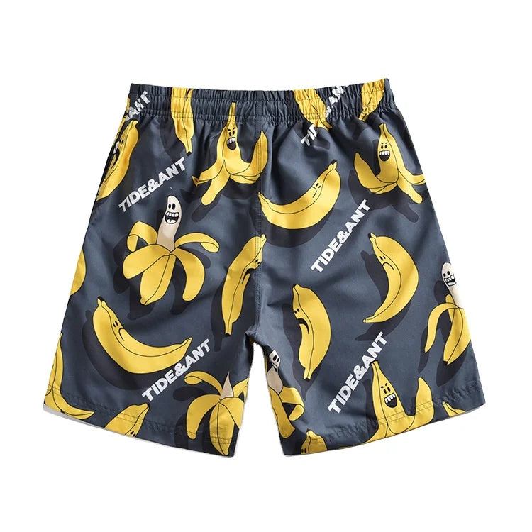 Summer New Sporty Mid Waist Beach Shorts Men European American Casual Loose Banana Print Five-Point 100% Polyester Breathable