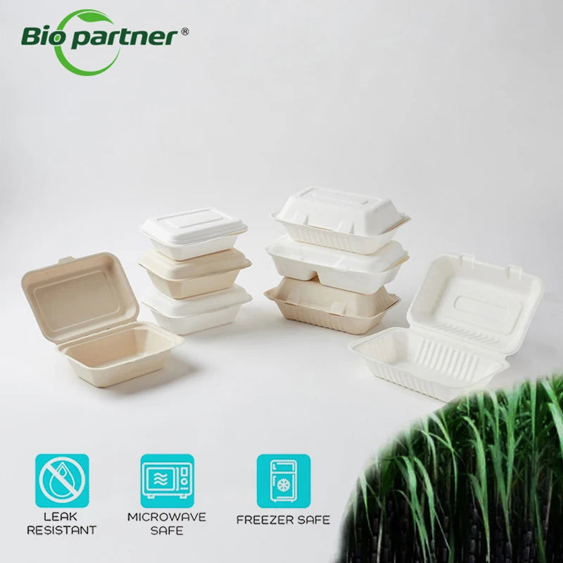 9 Inch PFAS-Free Clamshell Lunch Box Biodegradable Disposable Takeout Containers Bagasse Burger Bento Meal Storage PFAS-Free