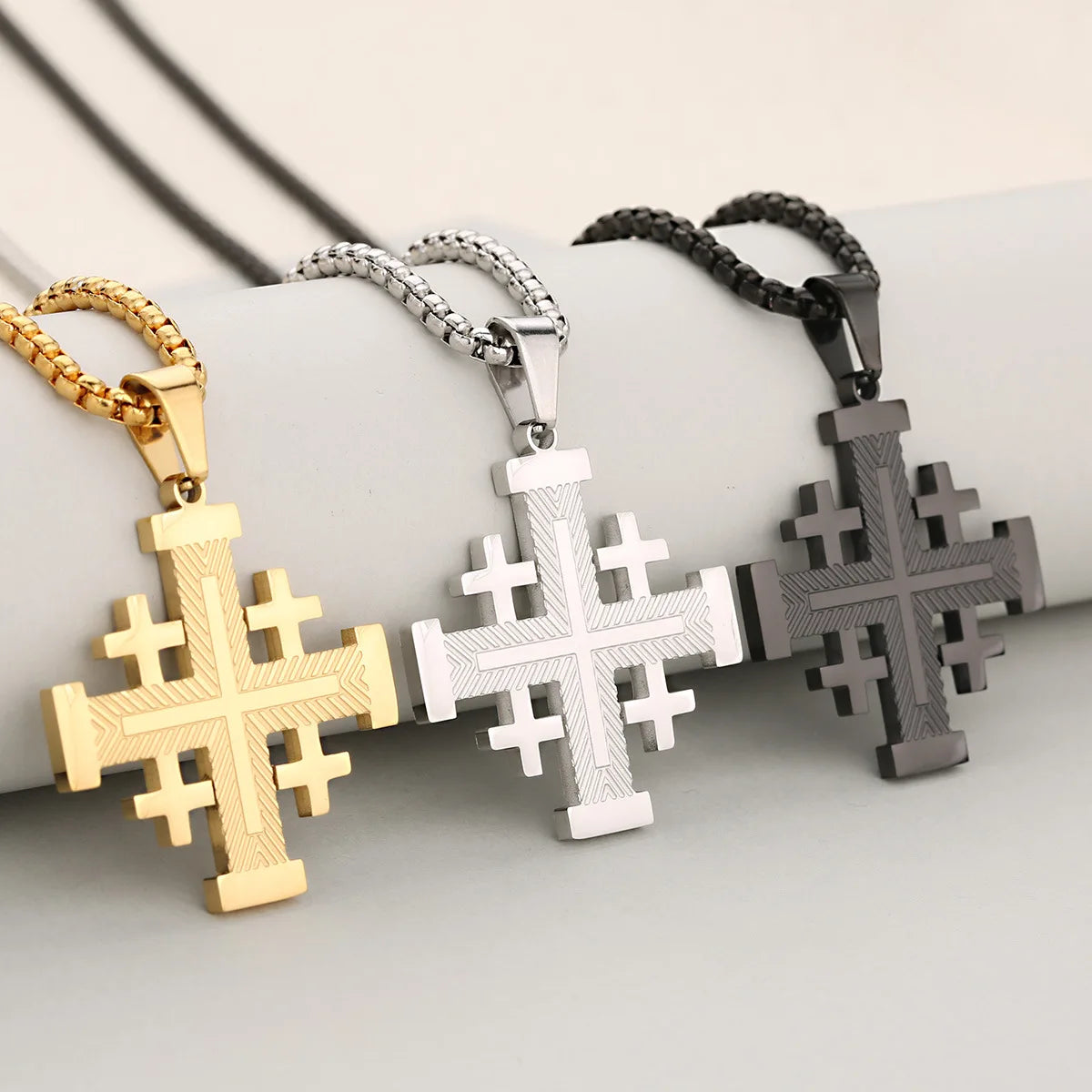 MECYLIFE Jerusalem Cross Necklace Religious Jewelry Stainless Steel Christian Cross Pendant Fold Five Cross