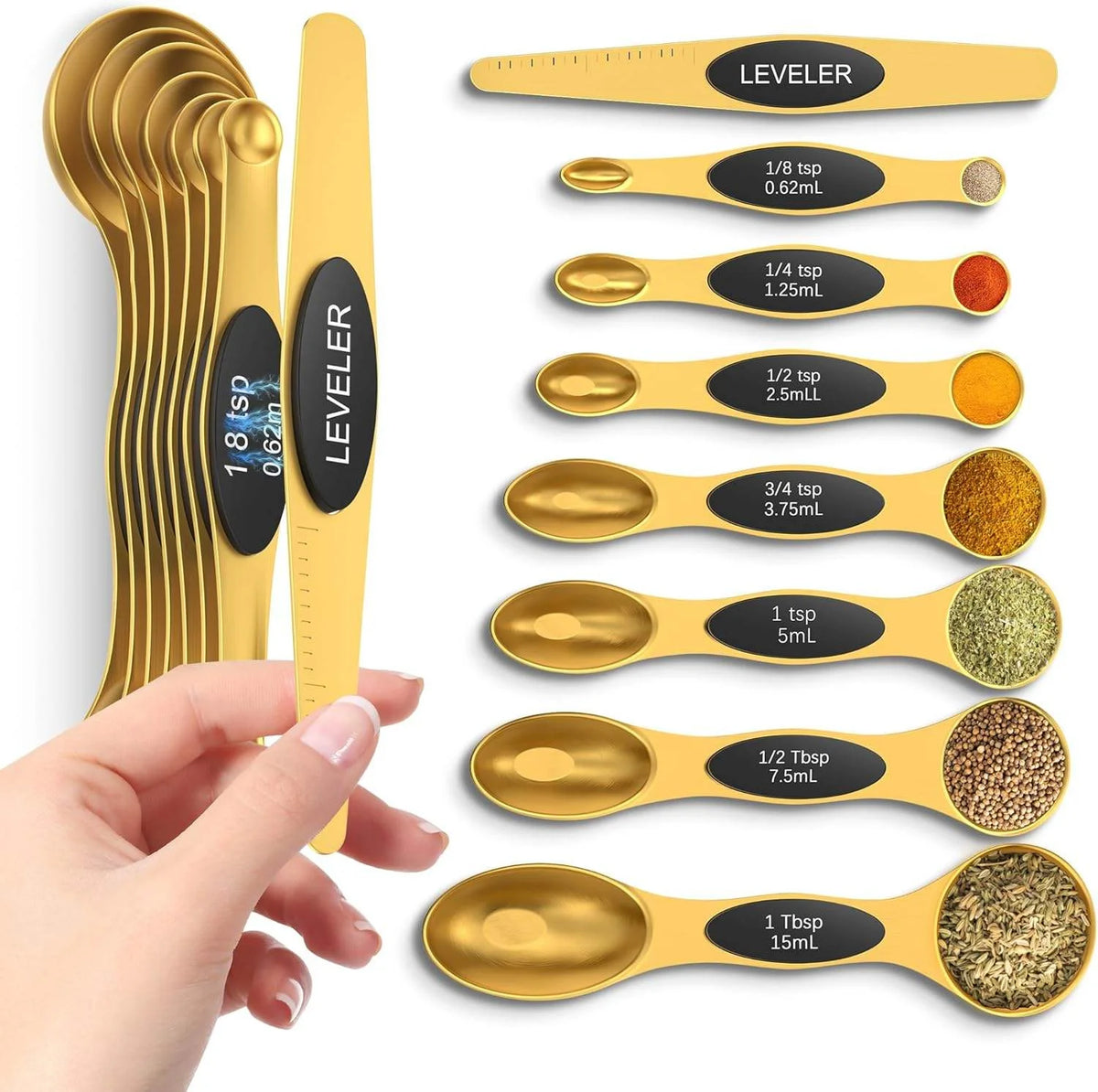 8pcs Stocked Magnetic Gold Stainless Steel Measuring Spoons Set Dual Sided Stackable Teaspoon Tablespoon Leveler Baking Cooking