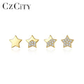 CZCITY 2 Pair Star Silver Studs 925 Sterling Silver Fashion Tiny CZ Women's Gold Plated Earring Set