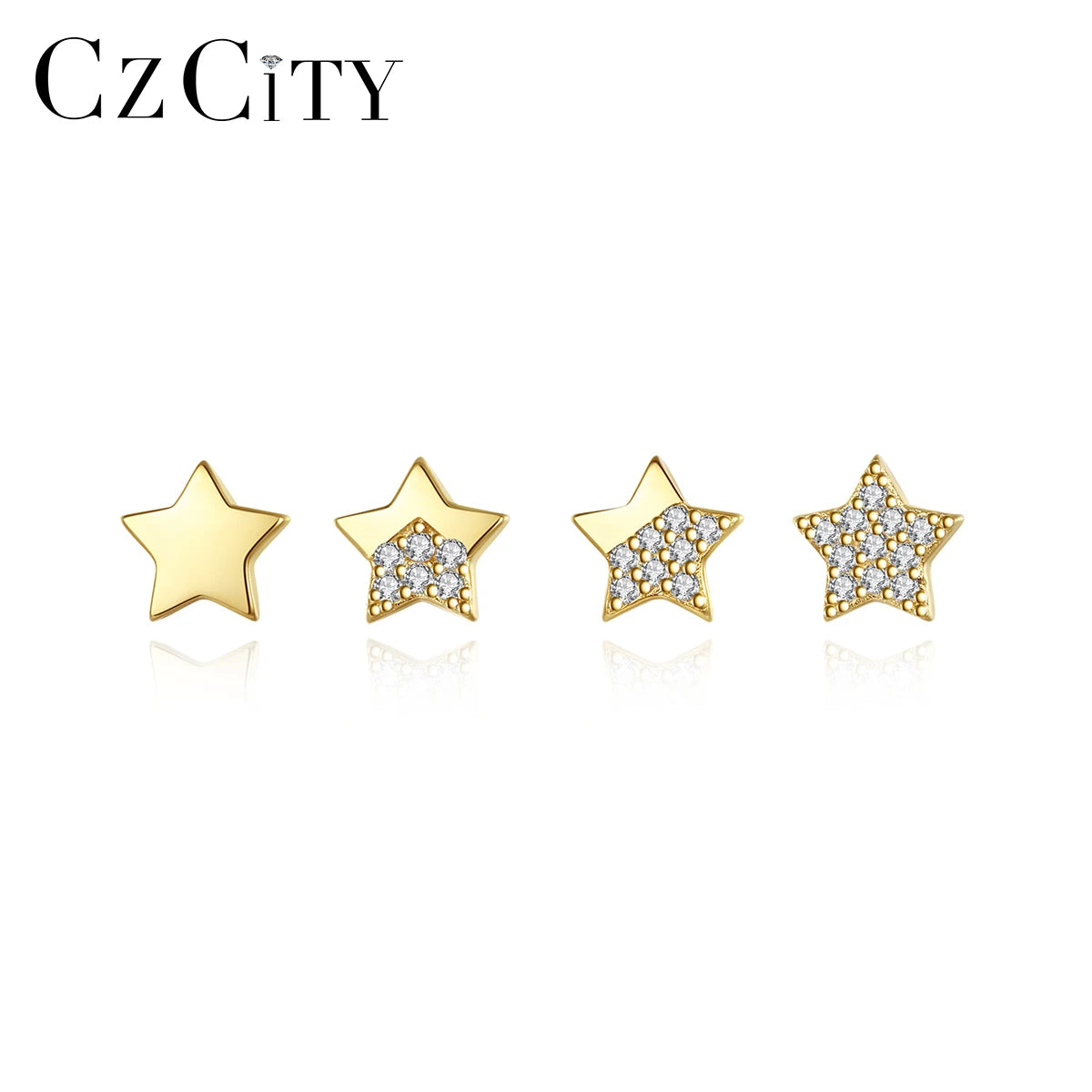 CZCITY 2 Pair Star Silver Studs 925 Sterling Silver Fashion Tiny CZ Women's Gold Plated Earring Set