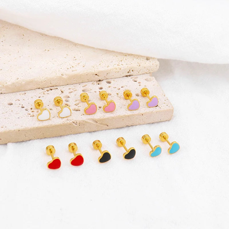 Heart Colorful Stainless Steel Earring 18k Gold Plated Hypoallergenic Screw Back Stud Earring Exquisite Handmade Enamel Earrings