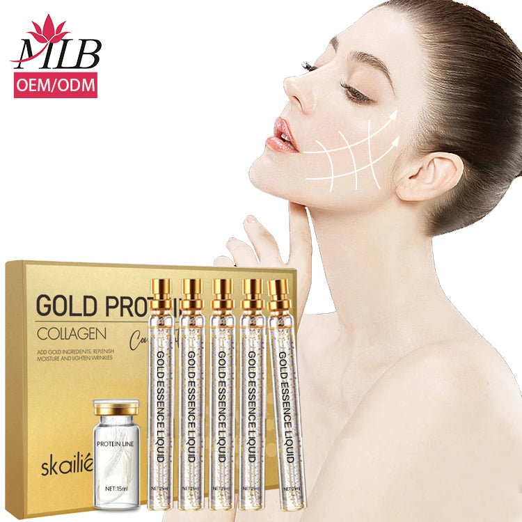 Ready to Ship Private Label 2 Pieces Set Golden Firm Skin Facial Serum Essence Protein Line Lifting Face Collagen Threads