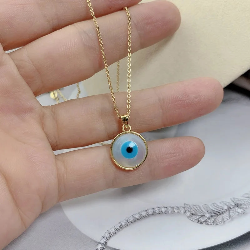 Round Blue Evil Eye Necklace for Women Fashion Sea Pearl Shell Pendant Jewelry