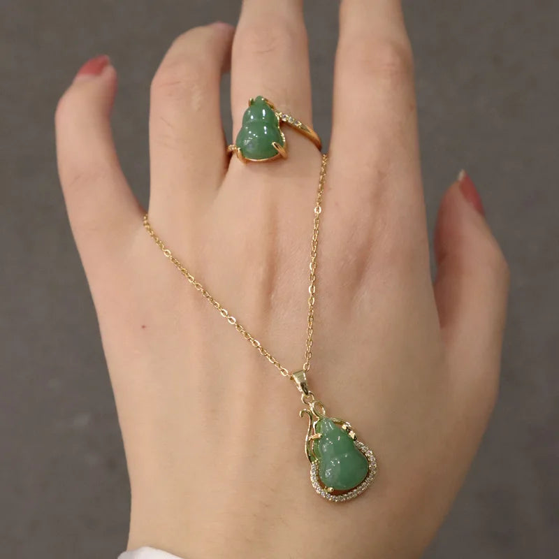 Titanium Steel Chain Natural Emerald Jade Pendant Necklace Iced Out CZ Jade Stone Gourd Pendant Necklace
