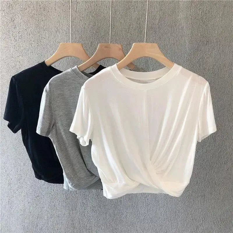 Summer T-shirt for Women Y2K Short-sleeved Slimming Navel-exposed Running Yoga Top Loose with Knot