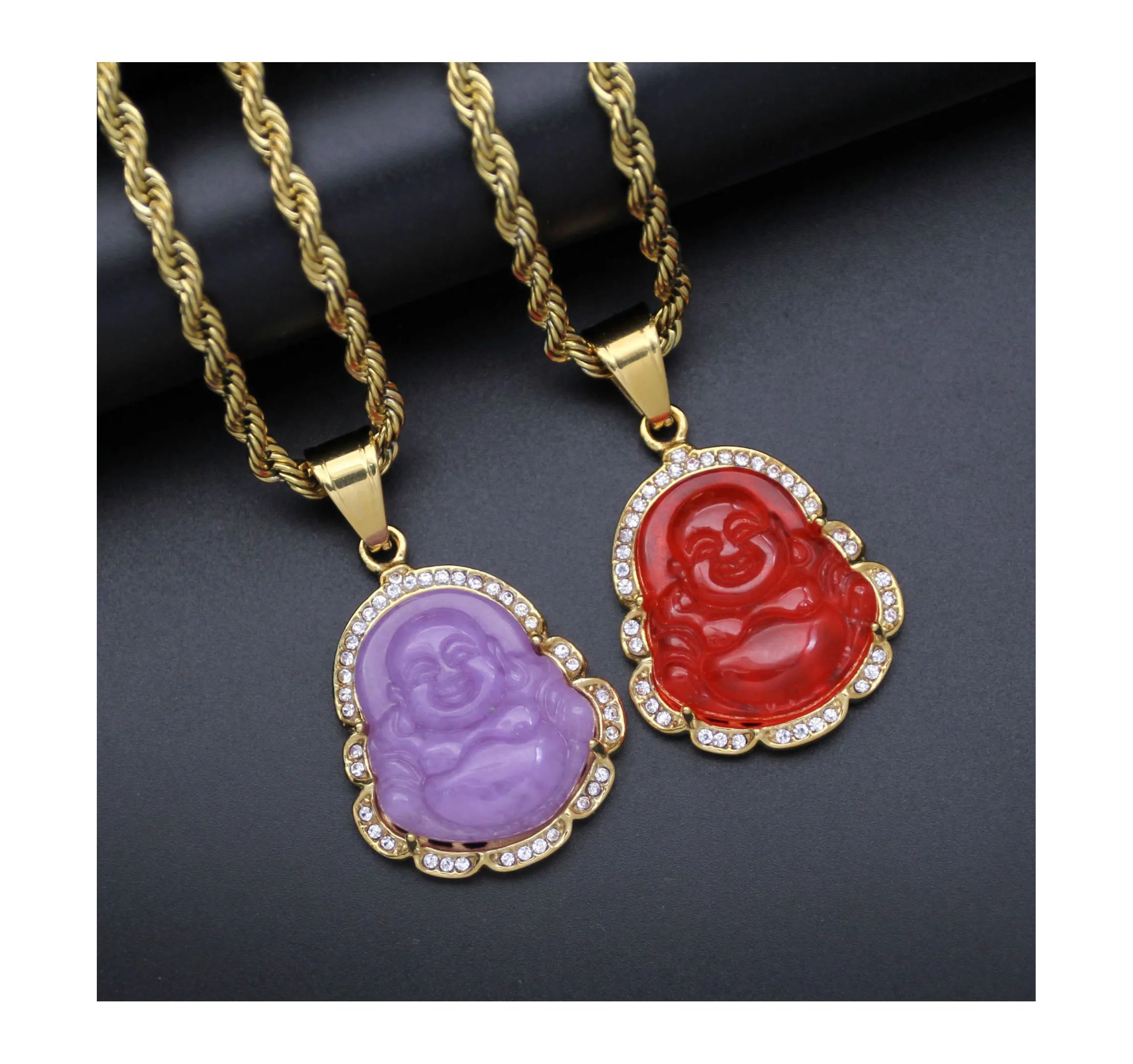 Stainless Steel Crystal Edge Buddha Pendant Necklace Multi Color Natural Jade Religious Maitreya Jade Pendant Buddha Necklace