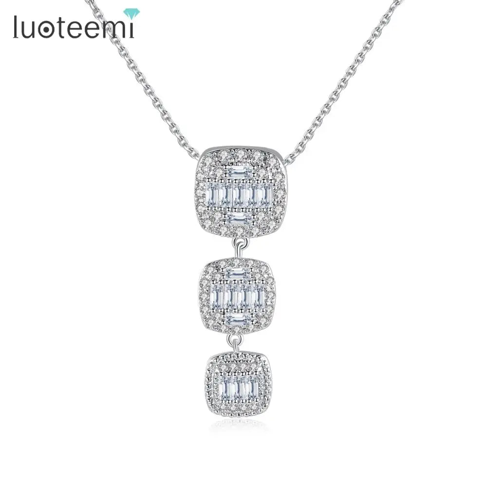 LUOTEEMI Trendy a AA Cubic Zirconia Three Square Long Pendant Necklace for Women Girls Bridal Wedding Fashion Jewelry Bijoux