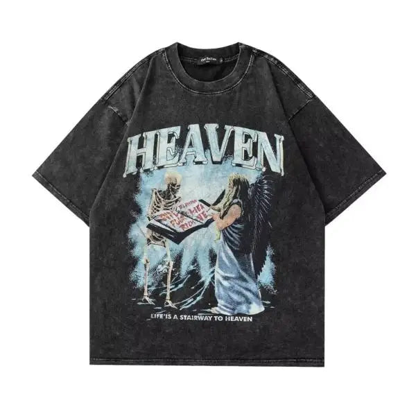 High Street Fashion 100% Cotton T-Shirt Solid Pattern Embroidered Old Digital Print Loose Short Sleeve Heavy Water-Washed New
