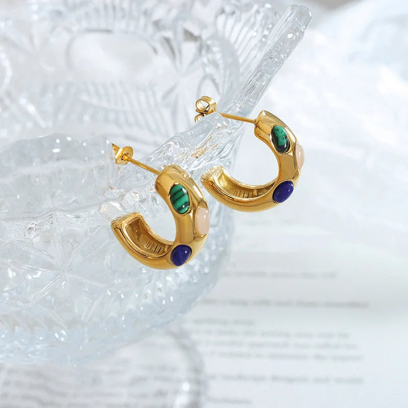 18k Gold Plated Cz Stainless Steel Jewelry Gift Cubic Zircon Turquoise Cc Shaped Earrings Women