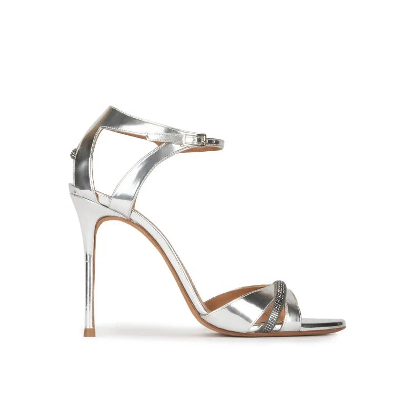 11 CM Stiletto Heel Metallic Leather Silver Party High Heel Women Shoe Sandals