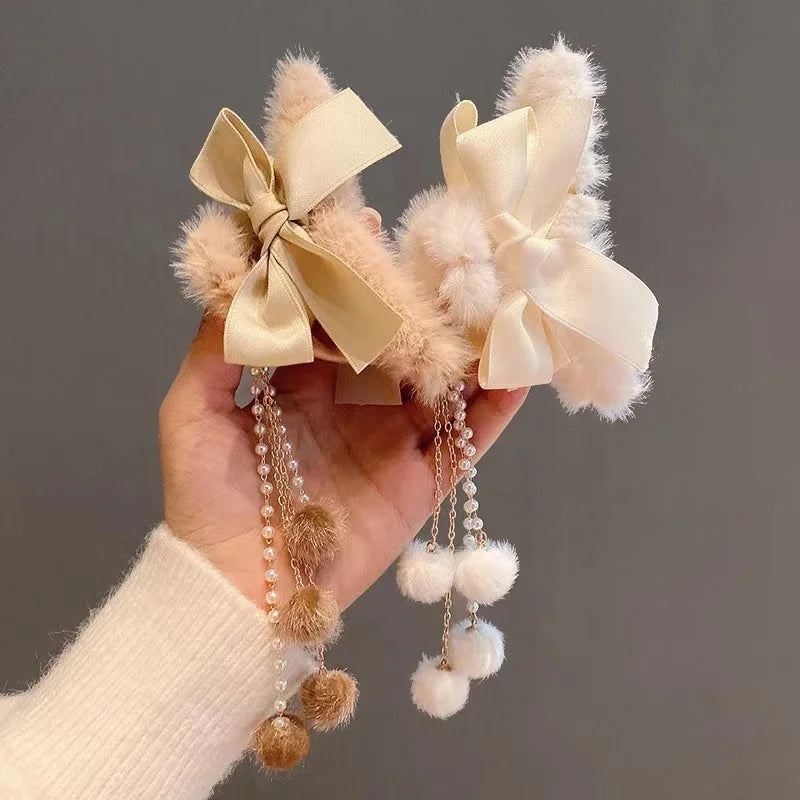 Autumn and Winter Women's Large Tassels Plush Scratching Hair Clip Bowknot Large Hair Claw and Shark Claw Hair Accessories
