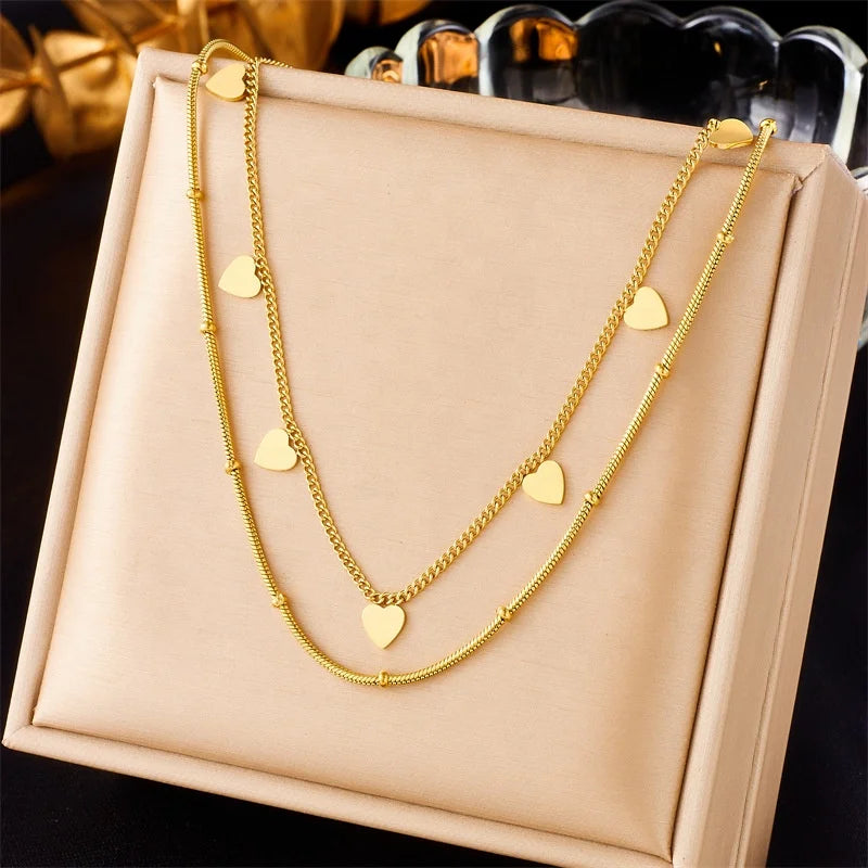 New Fashion Double Layer 18k Gold Plated Non Tarnish 316L Stainless Steel Heart Charm Necklace for Women