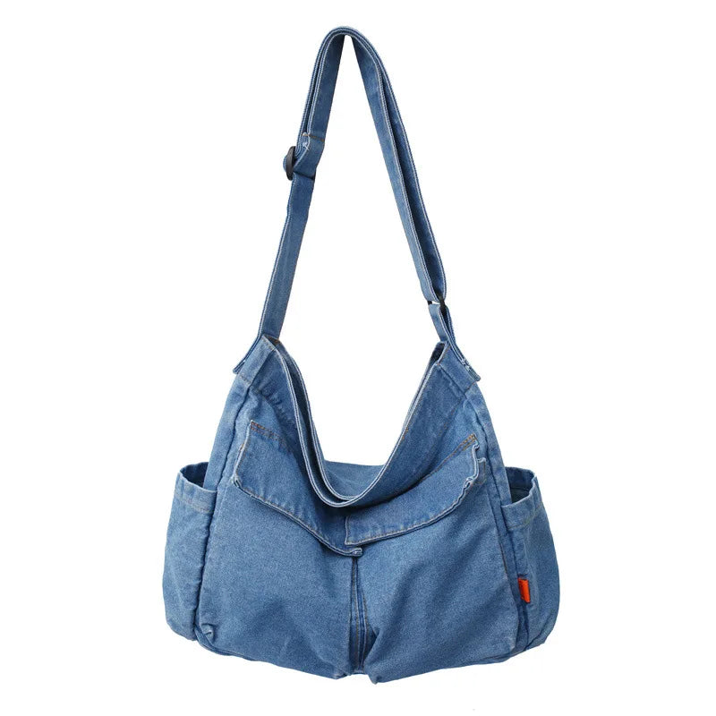 Vintage Zipper Multi-pocket Adjustable Strap Customized Teenager Student Denim School Shoulder Bag Women Sling Messenger Bag