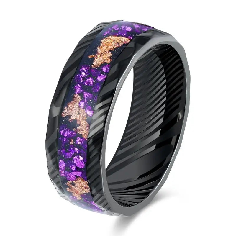 Poya Jewelry Damascus Grain Moss Agate Opal Purple Stone Meteorite Inlay Tungsten Wedding Rings for Couples Stainless Steel Gift