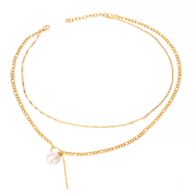 Women's Pearls Double Chain Choker Necklace Gold Color Link Chain Collier Trendy Religious Style for Wedding or Gift