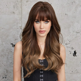 Long Wavy Natural Synthetic Wig Brown Natural Hair with Bangs for Black Women Heat Resistant Daily Cosplay Party Wig