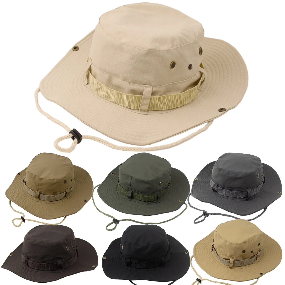 Free Sample Custom Fisherman Camper Hats With String Wide Brim Solid Cotton Embroidery Bucket Hat
