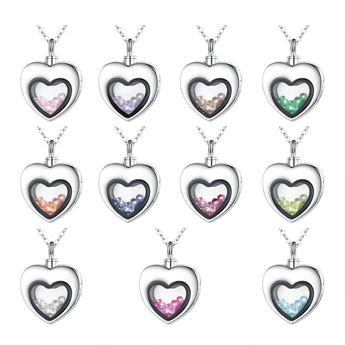 S925 Sterling Silver Cremation Jewelry Color Zircon Heart Shaped Pet Urn Necklaces for Ashes