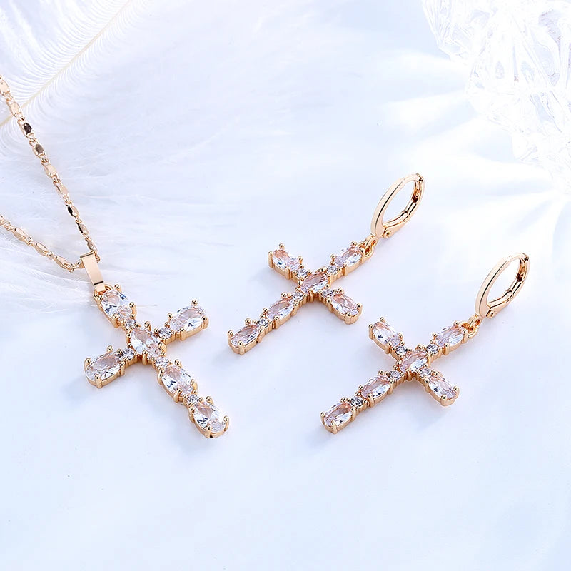 18K Gold Plated Jewelry Cz Zirconia Colored Diamond Cross Grandes De Piedras Women Jewelry Sets Earrings and Necklace for Women