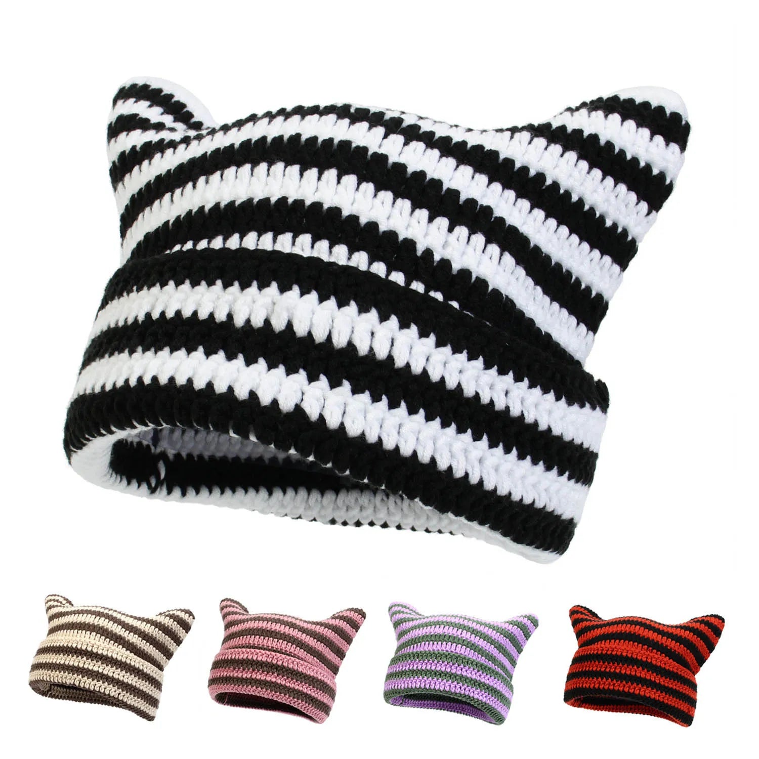 Handmade Winter Striped Crochet Hat with Ears Demonic Knitted Ski Bonnet Skullies Cap Versatile for Beach Travel
