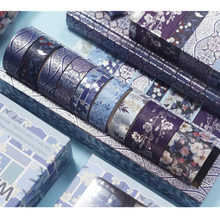 Bronzing Flowers and Paper Tape Set Dark Blue Floral Washi Tape Creative DIY Hand Account Decorative Stickers 8 Rolls
