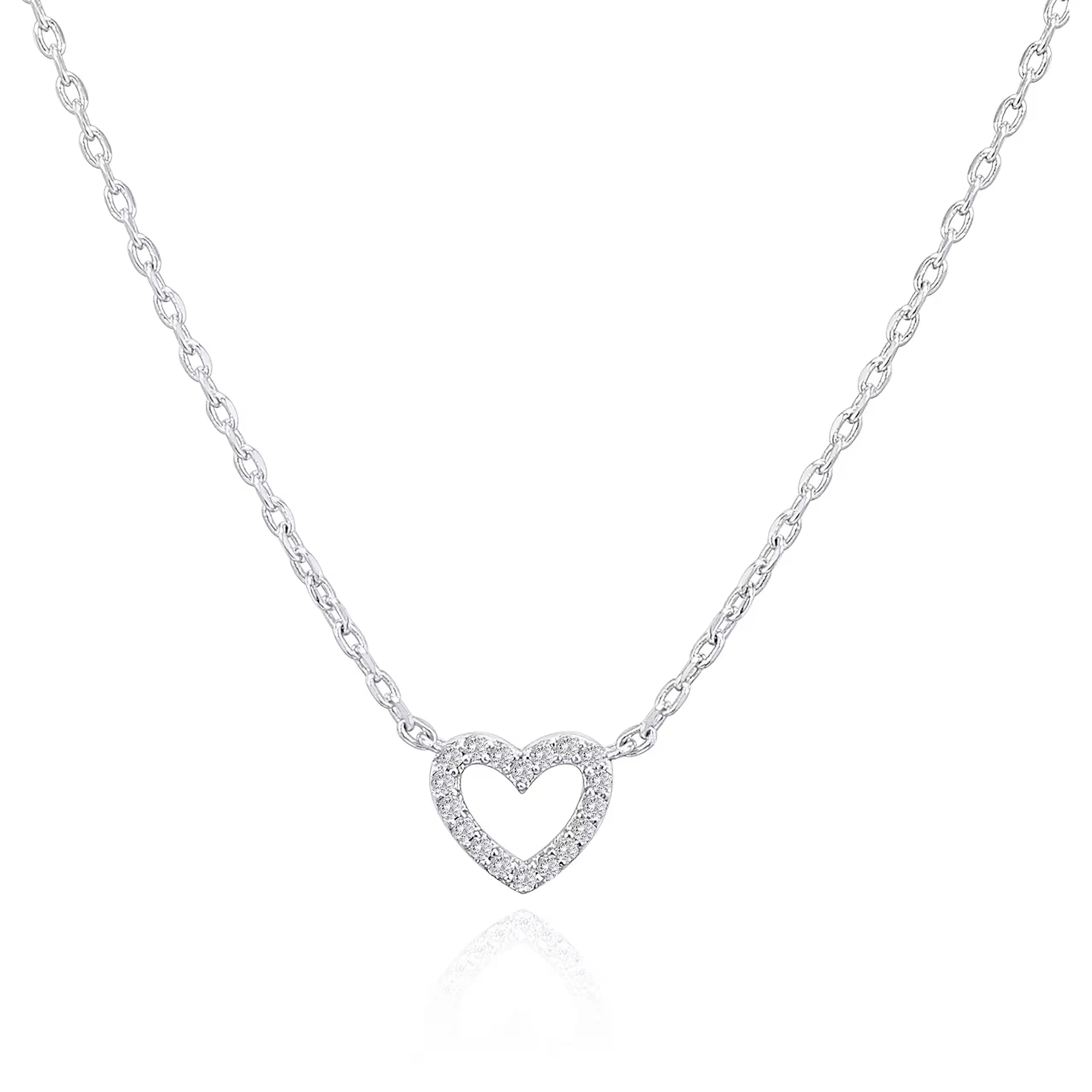 Fine Jewelry 925 Sterling Silver Rhodium Plated Zircon Heart Pendant Necklace for Women