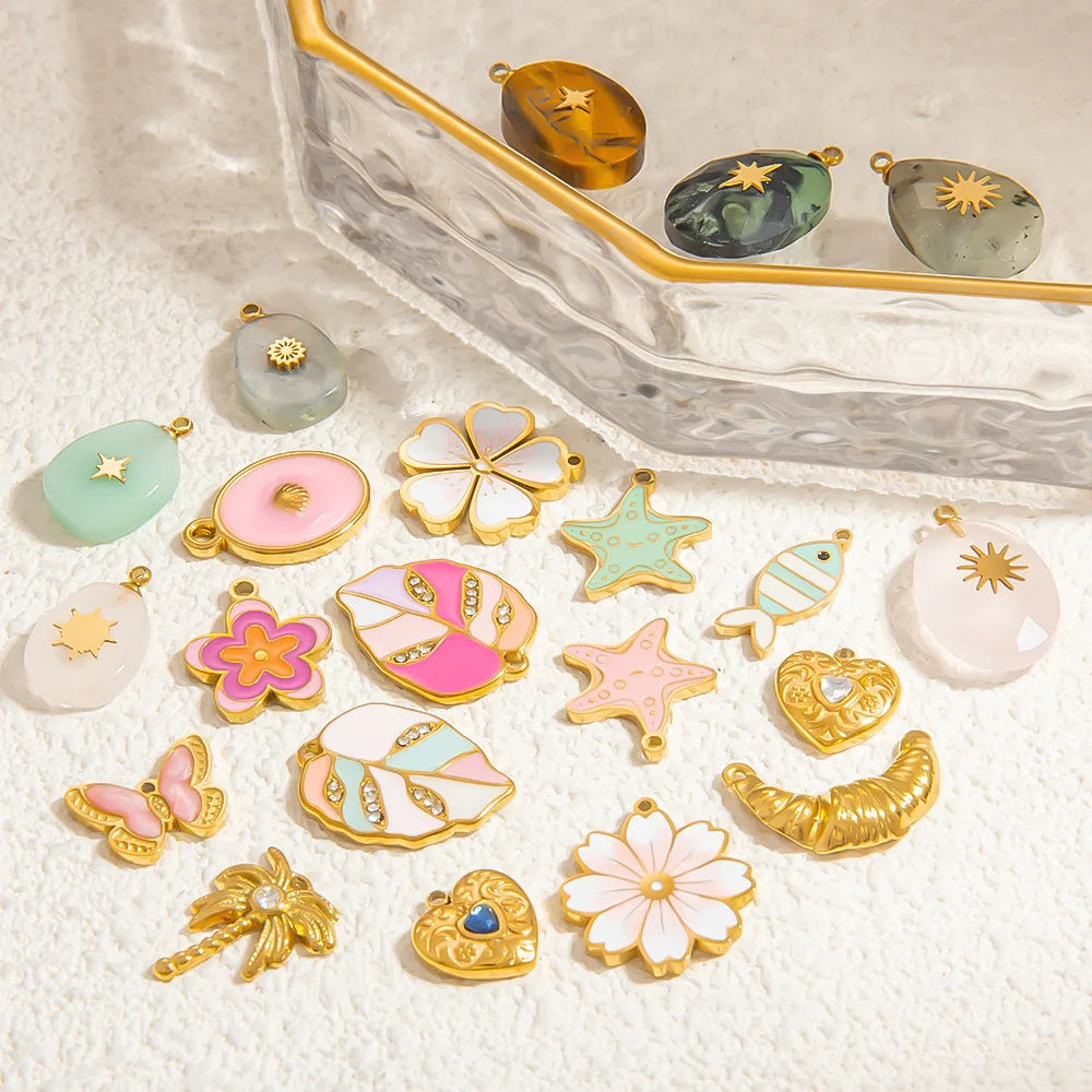 SUMIRE High Quality Dripping DIY Natural Stone Butterfly Flower Stainless Steel Necklace Accessories Charms