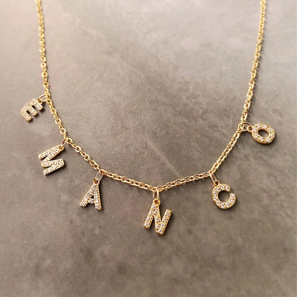 EManco Customized Name Necklace Personalized Zircon Letter Stainless Steel Choker Necklace Pendant Nameplate Gift Wholesale