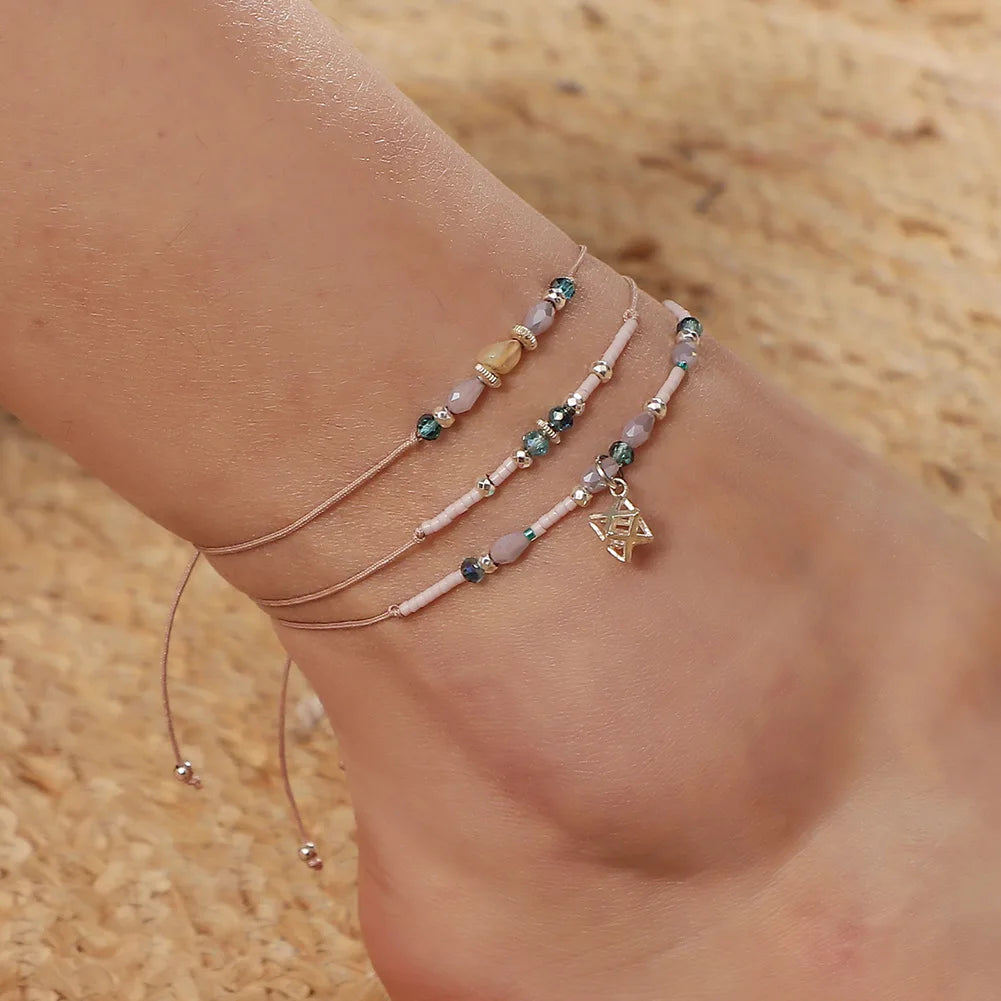 Miami Beach Girls Women's Anklets New Silver Plated Pull-Tie Adjustable Glass Beaded with 3D Geometric Metal Drop for Gift