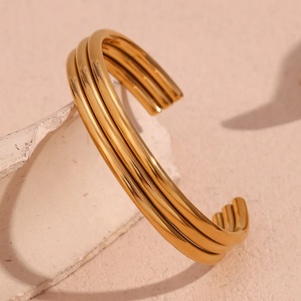 Dreamshow Minimalist Spring Jewelry Multilayer PVD Gold Plated Hollow Tube Cuff Bangle Stainless Steel Women Jewelry