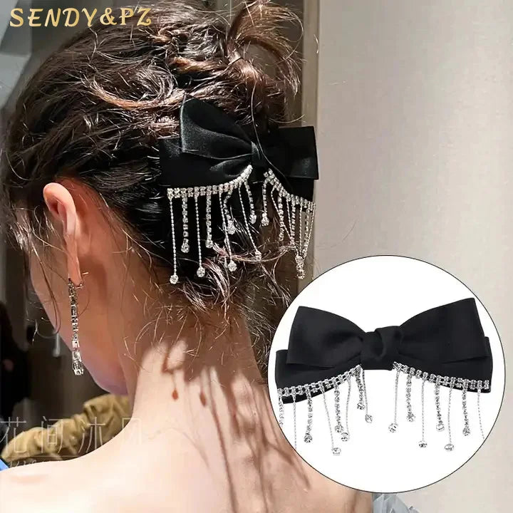 Luxury Crystal Rhinestone Bowknot Hairgrips Hair Clip Bling Black Tassel Bow Rhinestone Barrette Clips Hairpins