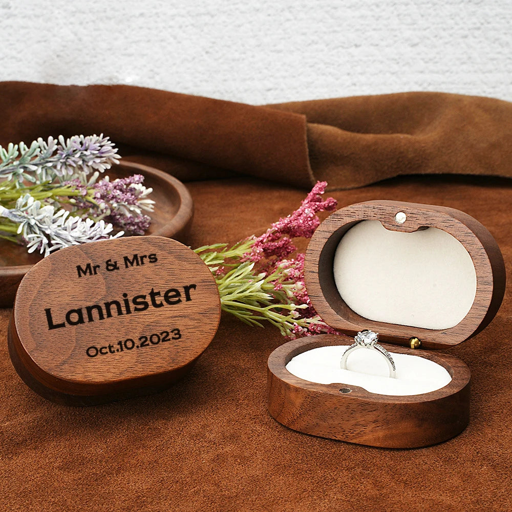 Customized Engraved Logo Name Wooden Carved Engagement Ring Box Natural Walnut Wood Ring Case for Wedding