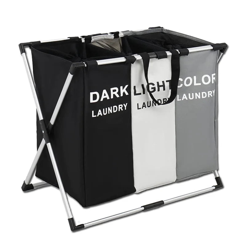 Frame Foldable Durable Dirty Clothes Laundry Hamper Basket Laundry Bag 3 Sections Aluminum Bathroom Bedroom Home Storage Bags