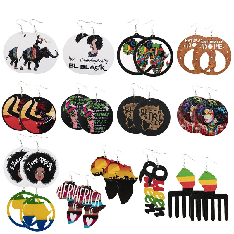 New Creative Colorful Handmade Ethnic African Map Wooden Portrait Letters Eardrop Earrings Hollow Round Africa Wood Drop Earring