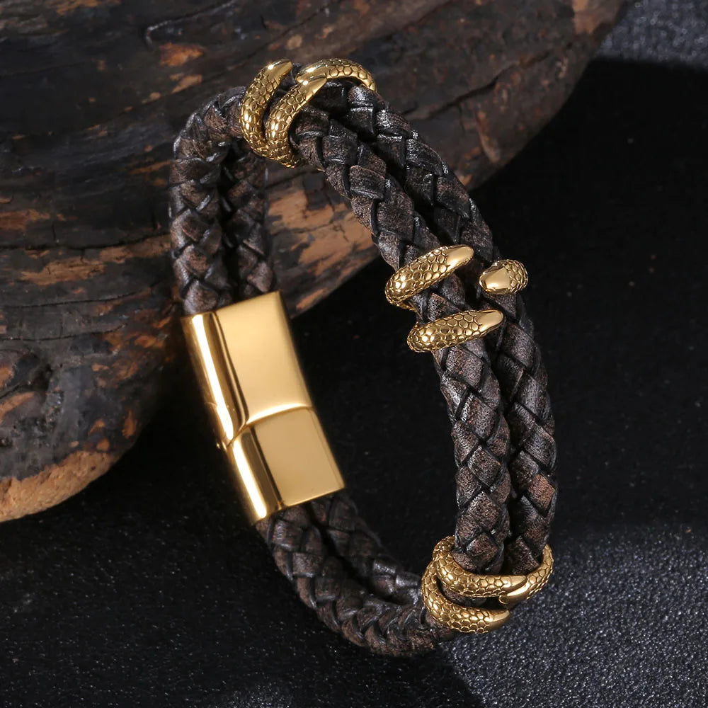 Multi Layer Braided Leather Jewelry Bracelet Bangle Stainless Steel Magnetic Clasp Punk Simple Genuine Leather Bracelet for Men