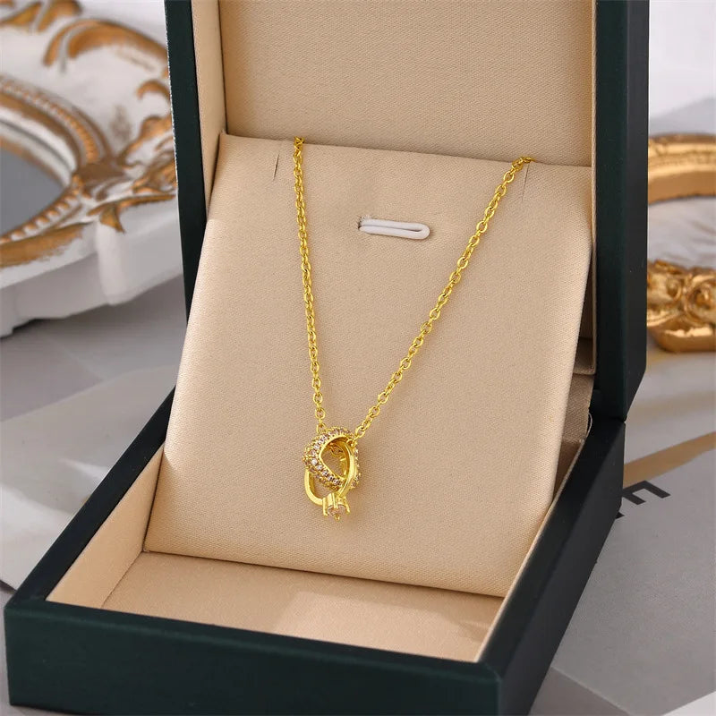 Trendy Stainless Steel Chain Cz Love Heart Pendant Necklaces 18k Gold Plated Diamond Ring Heart Necklaces Valentine's Day Gift