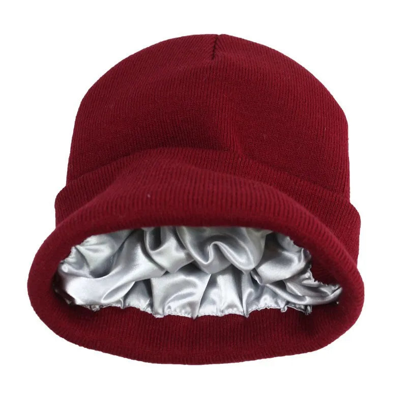 Satin Lined Winter skully beanie Hats Unisex Solid Skull Cap with Silk Lining Knitted Cold Beanies hat Women for Travel
