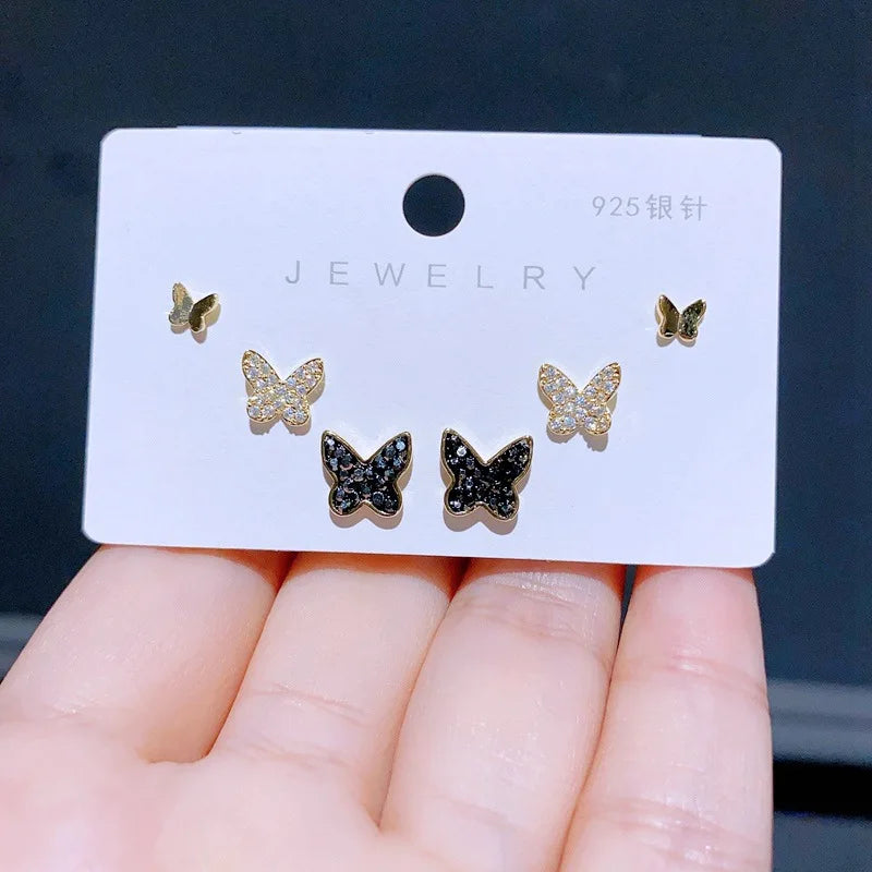 2023 Light Luxury Tiny Stud Earrings Multiple Butterfly Earrings Black Zircon Crystal Earrings Set 3 Pairs for Girls