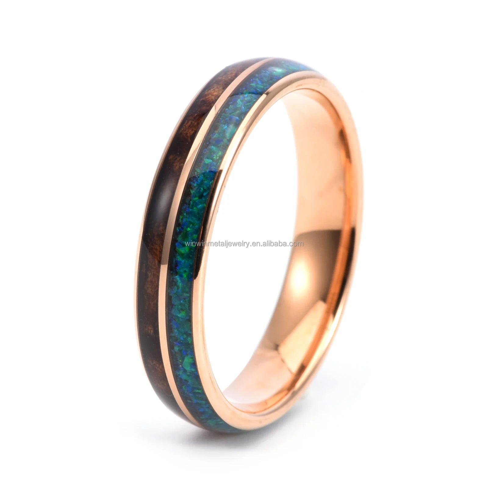 Ladies' 5mm Rose Gold Tungsten Ring with Wood Inlay Opal Unisex Fashion Jewelry for Wedding Engagement Party Wholesale for Women